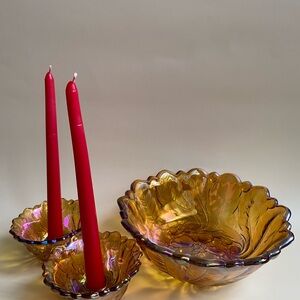 Vintage Indiana Carnival Iridescent Glass Bowl and Candle Holder Set